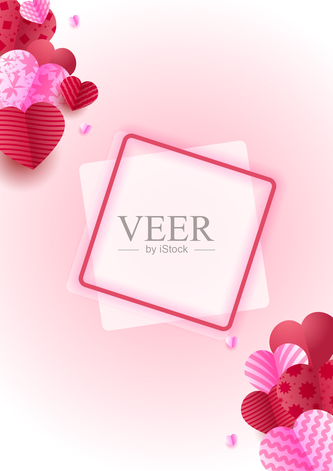 情人节概念海报背景。矢量插图。三维红色和粉红色的纸心与框架上的几何背景。可爱的爱情销售横幅或贺卡插画图片素材