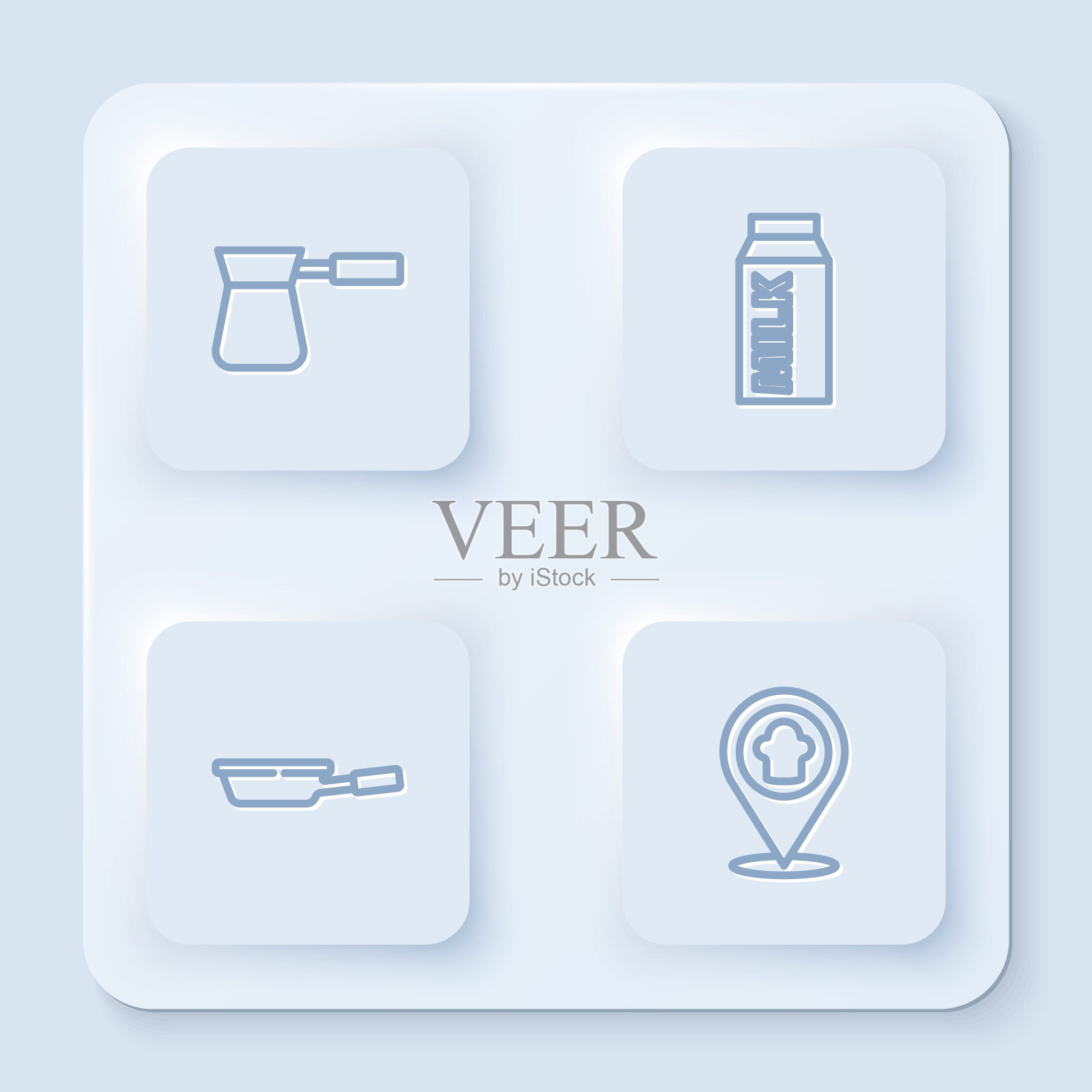 咖啡壶,牛奶纸包装,煎锅和厨师帽,有位置。白色正方形按钮。向量图标素材