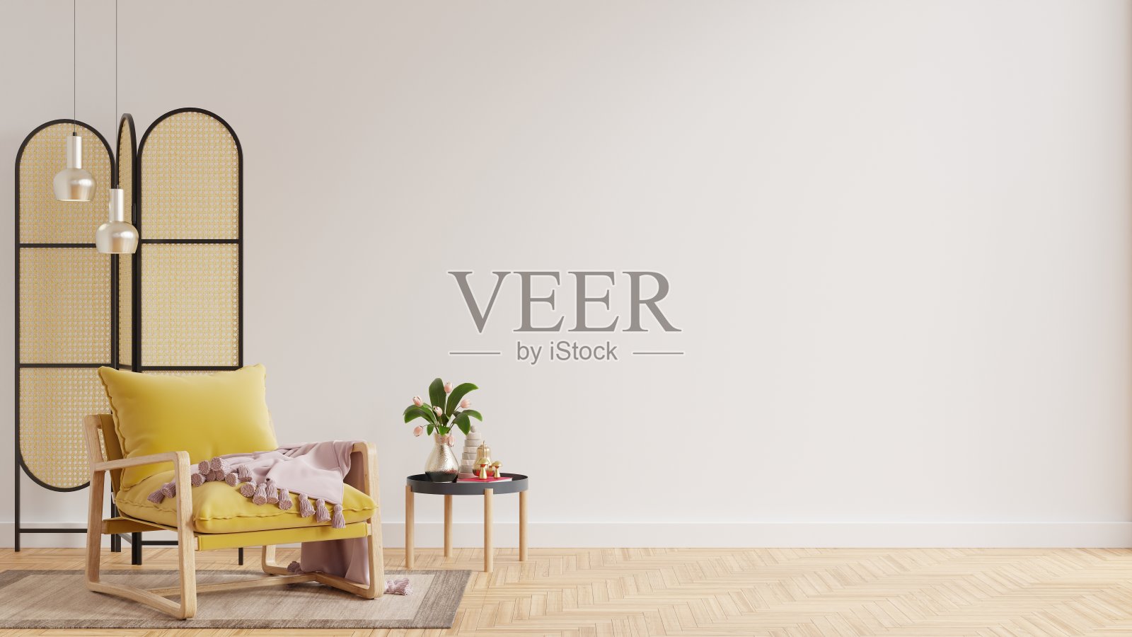 客厅室内设计黄色扶手椅在空白色的墙上。照片摄影图片