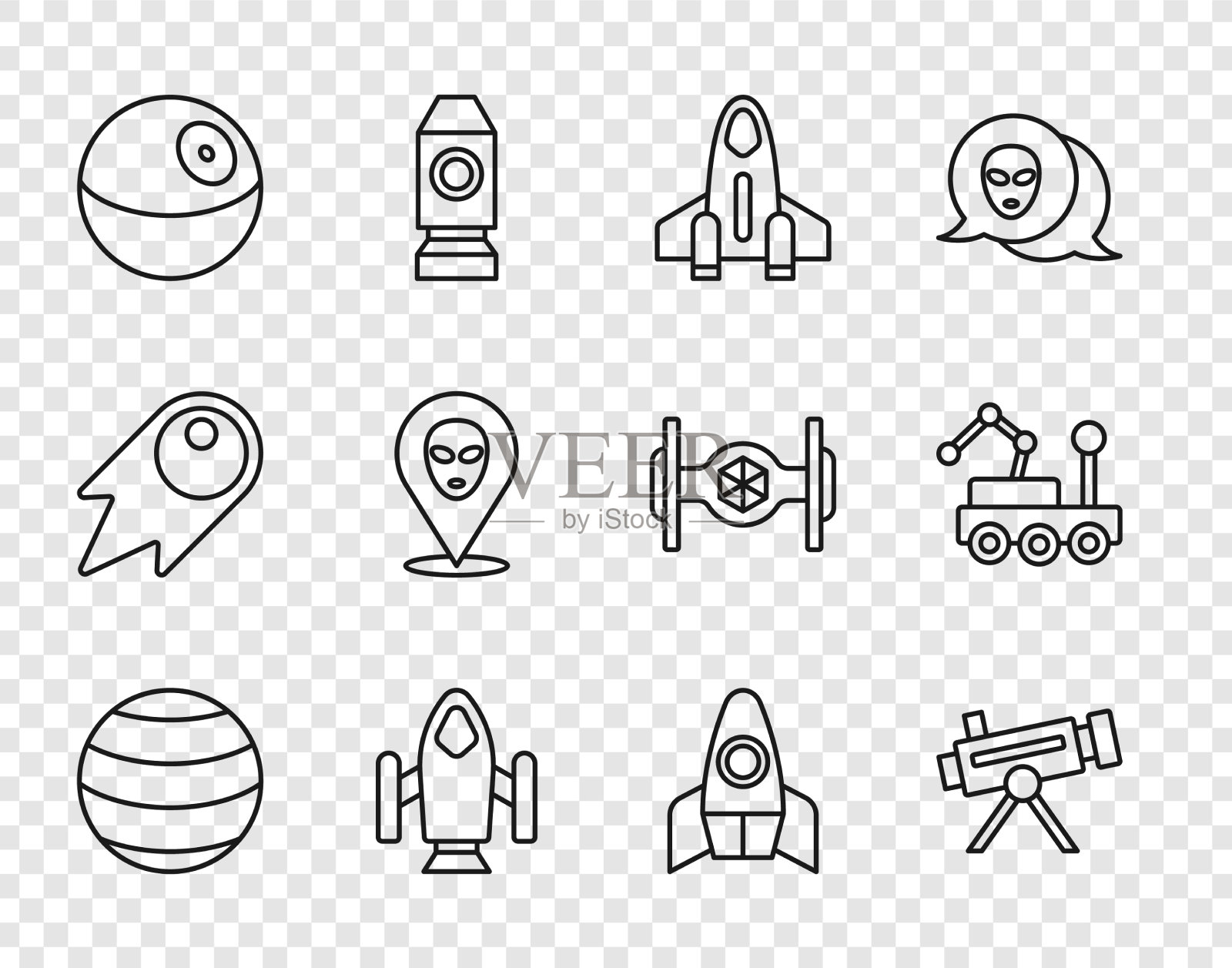 设置线行星望远镜火箭飞船外星人图标素材