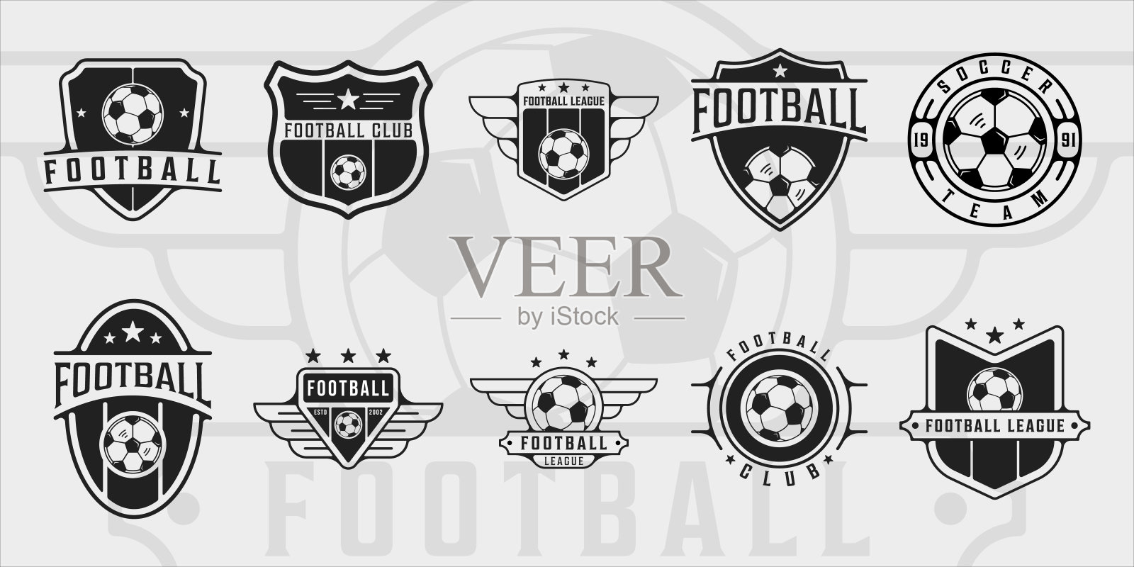 一套足球或足球符号复古矢量符号插图模板图标图形设计。与复古徽章和版式的各种体育俱乐部标志或符号的捆绑收集设计元素图片