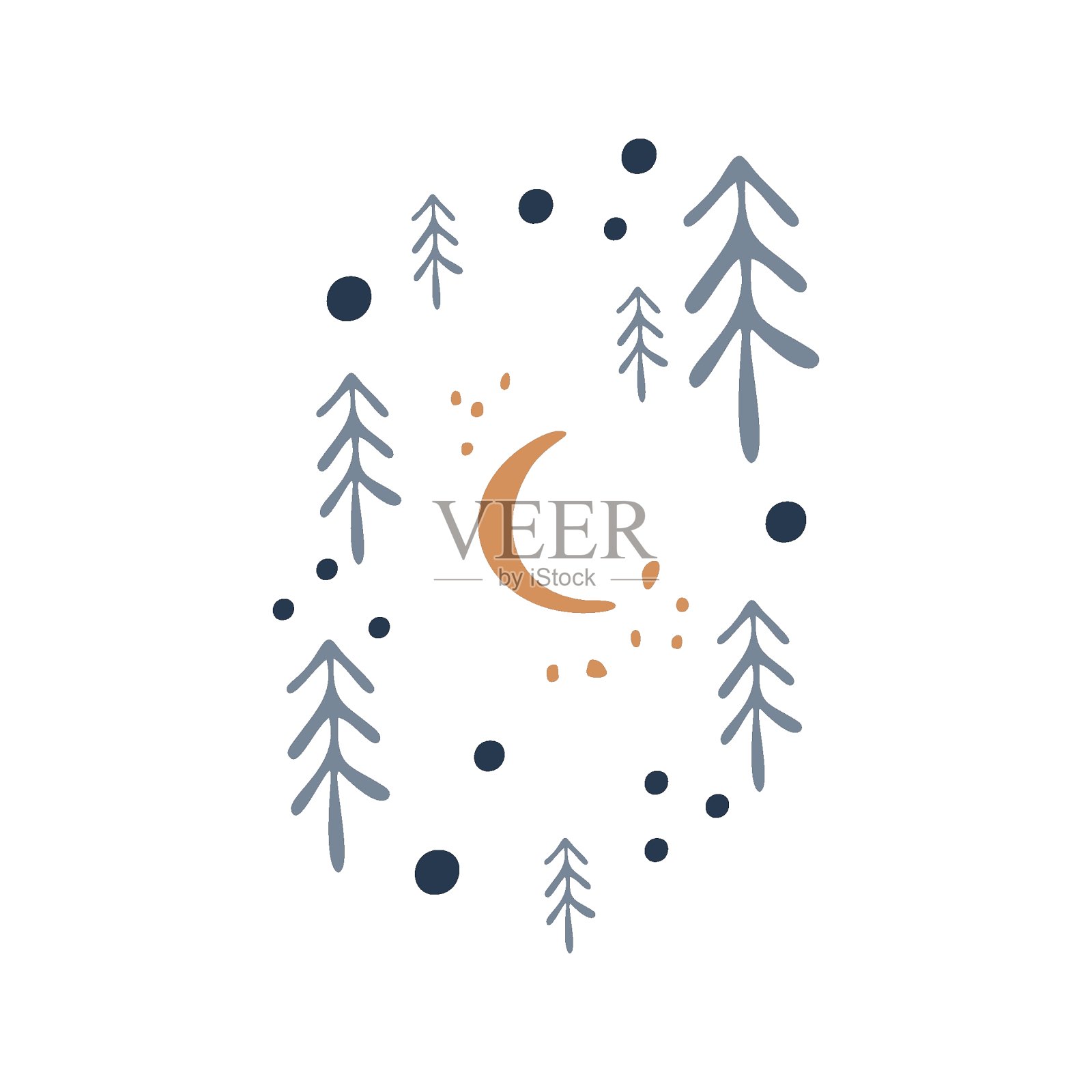 波西米亚冬季假日元素手绘风格。装饰圣诞向量。斯堪的纳维亚的圣诞景观,圣诞树,雪和月亮。贺卡,海报,邀请和婴儿印刷设计插画图片素材