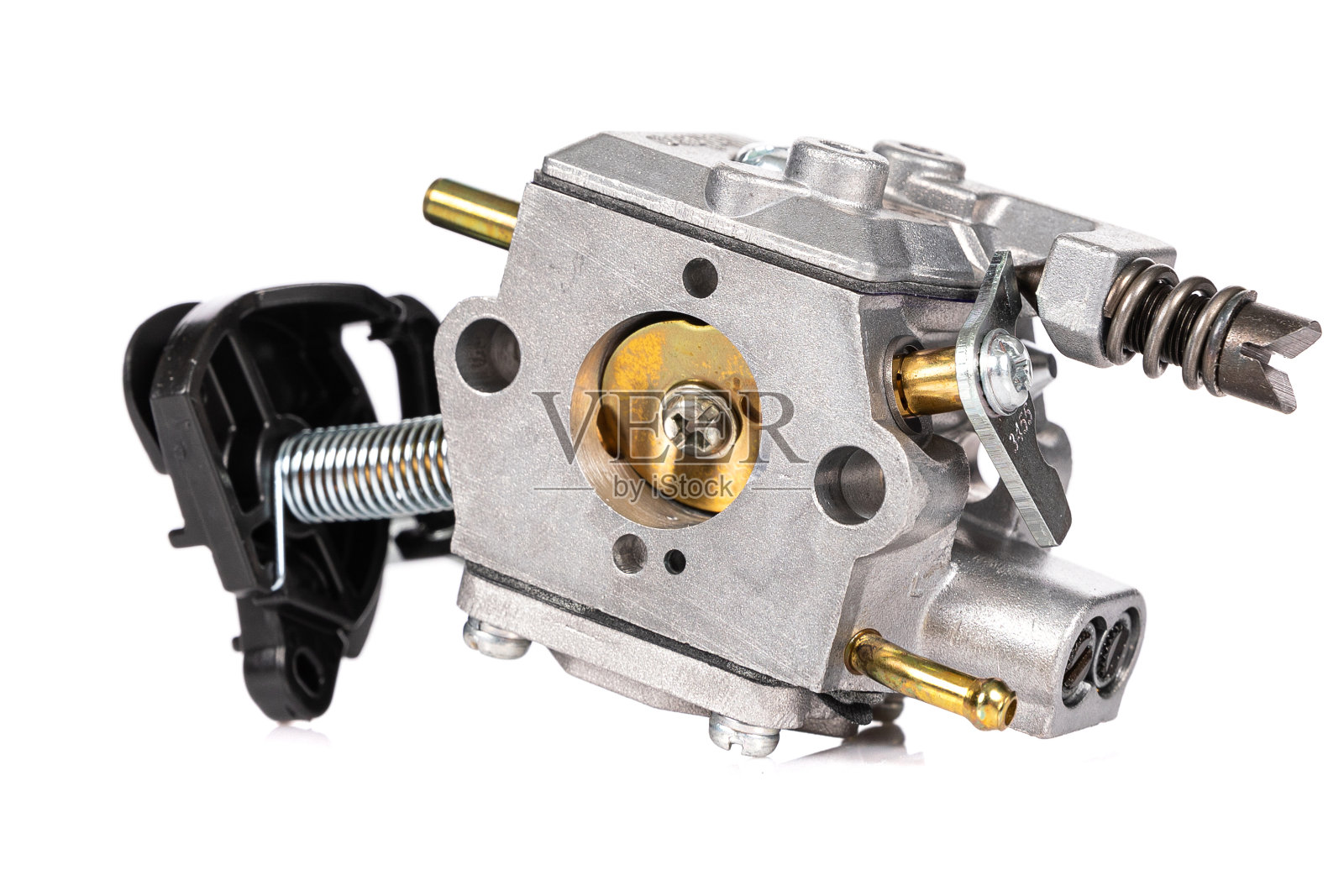 新的铝化油器特写在一个白色孤立的背景照片摄影图片