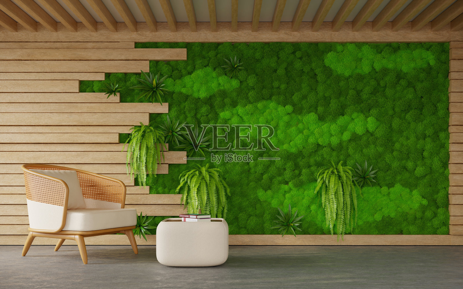 室内设计采用斯堪的纳维亚苔藓墙,3d渲染照片摄影图片