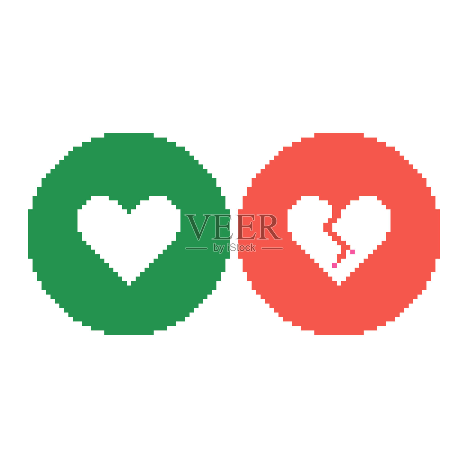 简单的矢量平面像素艺术集圆形绿色图标与整个心脏和圆形红色图标与破碎的心脏符号图标素材
