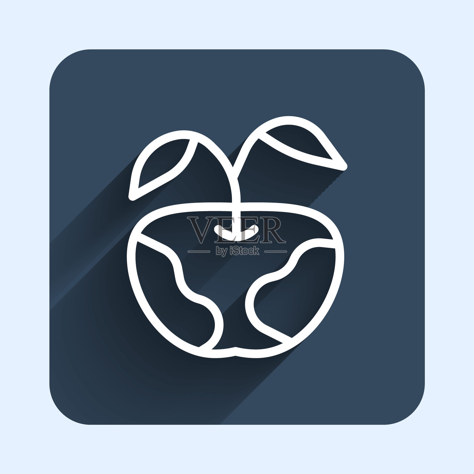 白线苹果图标孤立与长阴影背景。多余的体重。健康的饮食菜单。健康饮食的苹果。蓝色方块按钮。向量图标素材