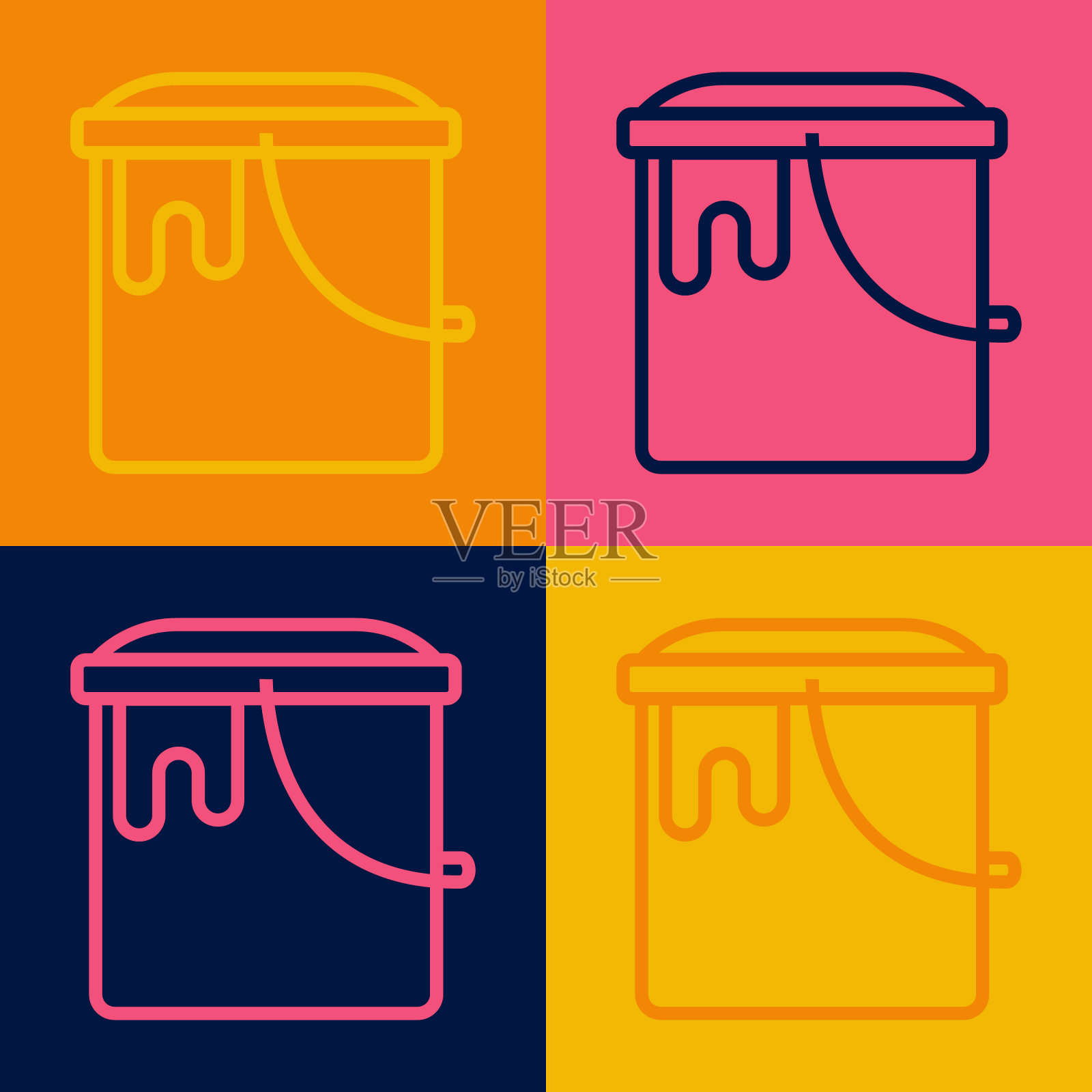 波普艺术线油漆桶图标孤立的颜色背景。向量插画图片素材