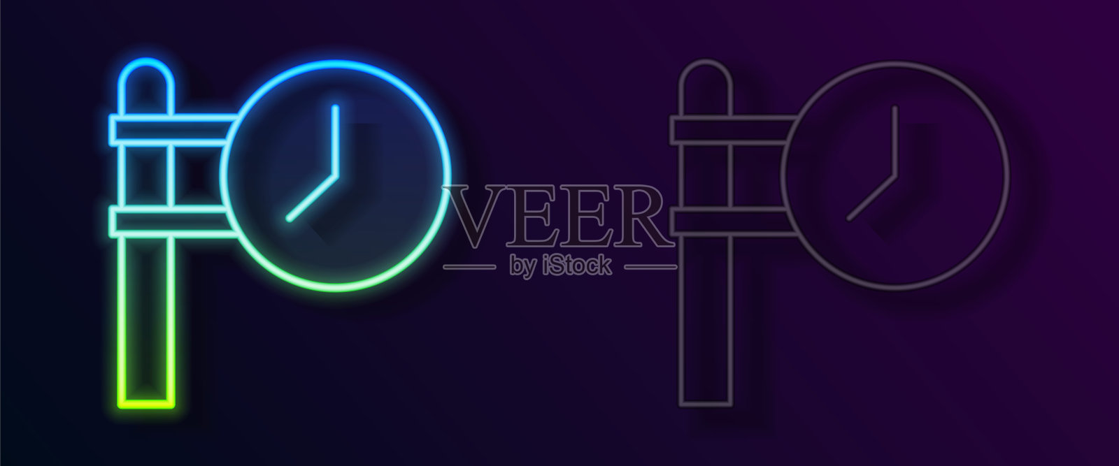 发光的霓虹灯线火车站时钟图标孤立在黑色背景上。向量插画图片素材