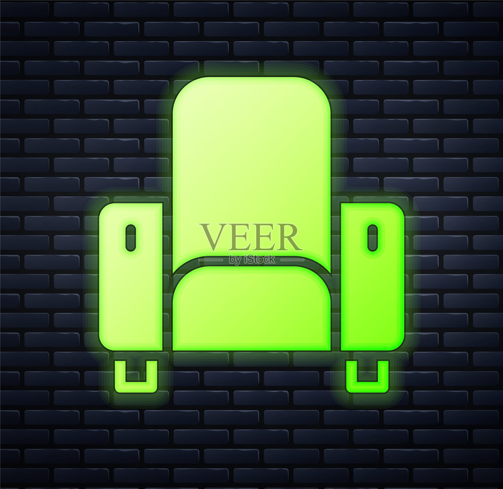 霓虹灯电影院椅子图标孤立在砖墙背景上。向量插画图片素材