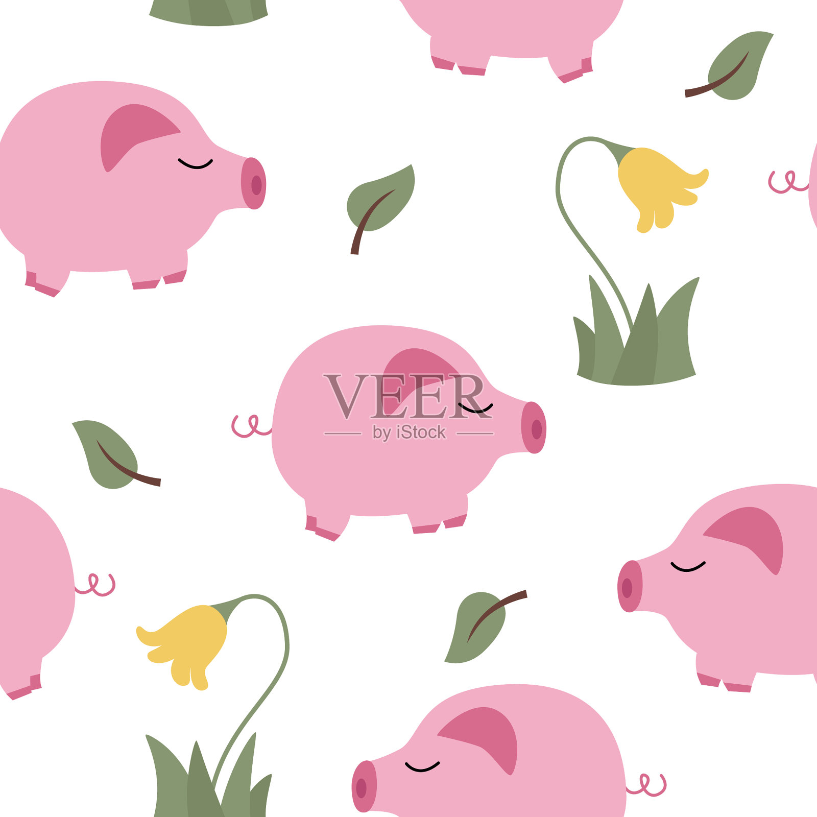 无缝图案与猪和叶在白色背景插画图片素材