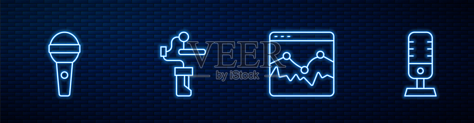 设置线音乐均衡器,麦克风,相机万向节稳定器。砖墙上闪烁的霓虹灯图标。向量插画图片素材