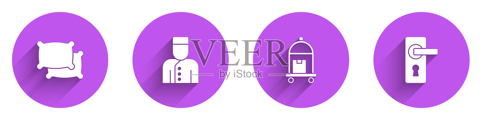 设置枕头,礼宾,行李箱和门把手图标与长阴影。向量图标素材