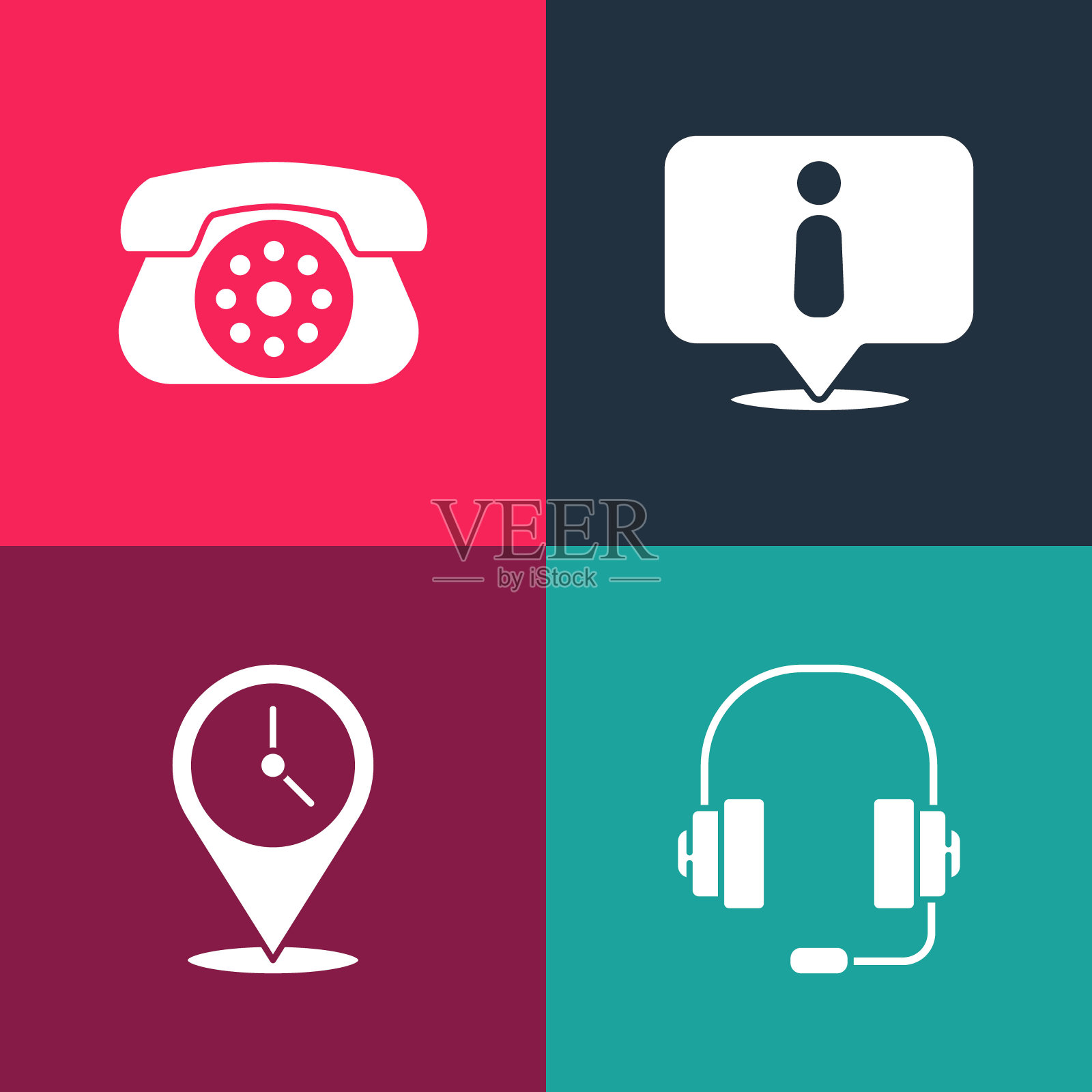 设置流行艺术耳机,位置与时钟,信息和电话图标。向量插画图片素材