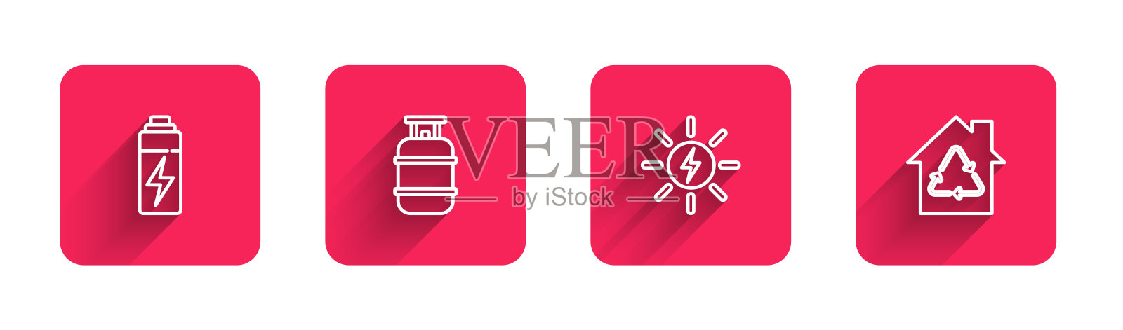 集电池、丙烷气罐、太阳能电池板和环保屋于一体,可回收利用,影子长。红场按钮。向量插画图片素材