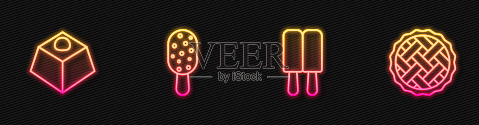 冰淇淋,布朗尼巧克力蛋糕,自制派。发光的霓虹灯图标。向量插画图片素材