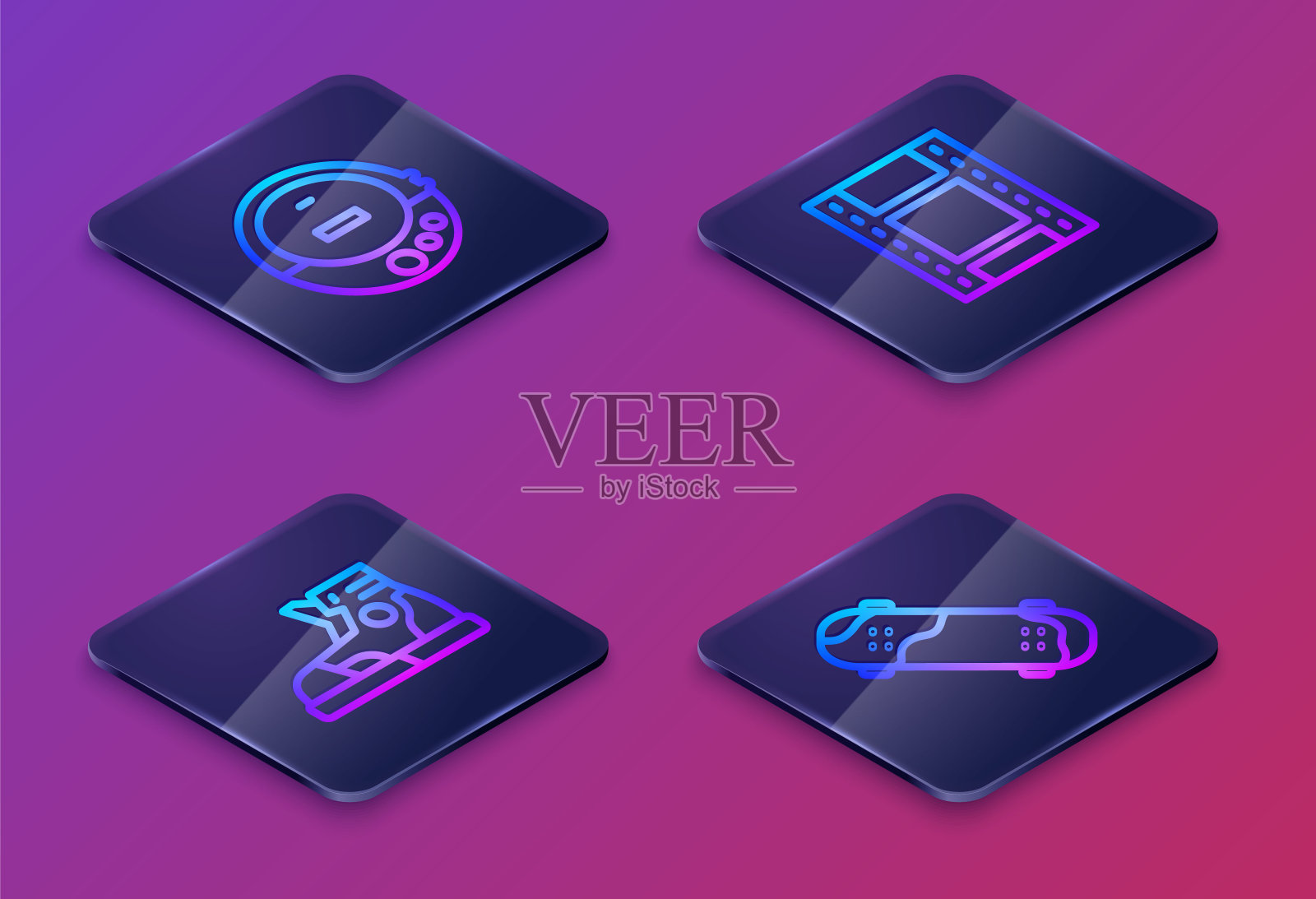 设置等距线音乐CD播放器,运动鞋,播放视频和滑板技巧。蓝色方块按钮。向量图标素材