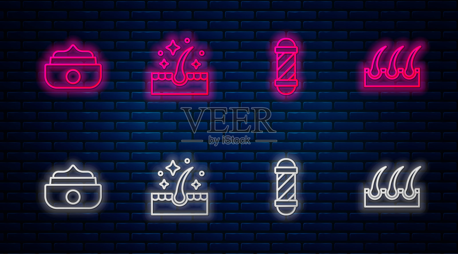 集头发护理油、经典理发店杆、发蜡定型、人体毛囊为一体。砖墙上闪烁的霓虹灯图标。向量插画图片素材