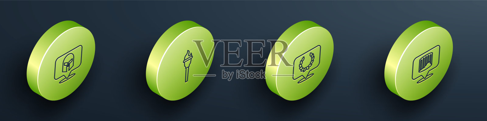 2.5D希腊头盔、火炬火焰、月桂花环和古代柱子图标矢量素材图标素材