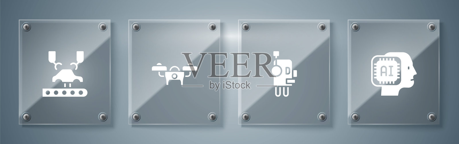 集仿人机器人、机器人、无人机、机械臂工厂于一体。方形玻璃面板。向量插画图片素材