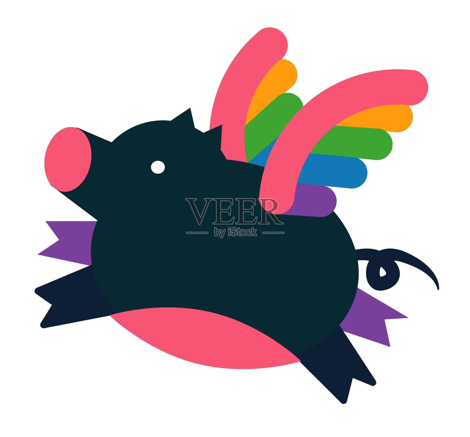现代平面风格插图飞行猪动物与彩虹翅膀插画图片素材
