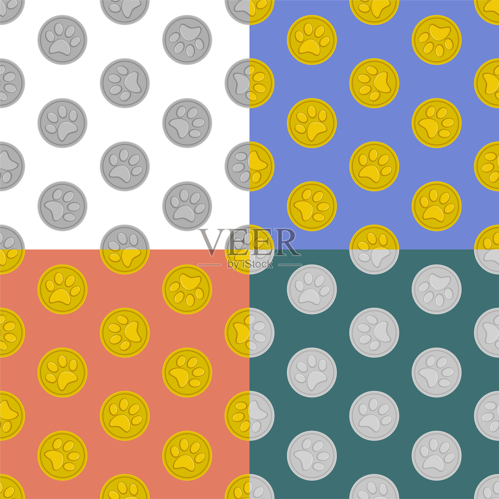 一套无缝模式与金牌和爪印参与动物比赛。用于织物装饰和印刷的装饰品。设计元素。向量设计元素图片