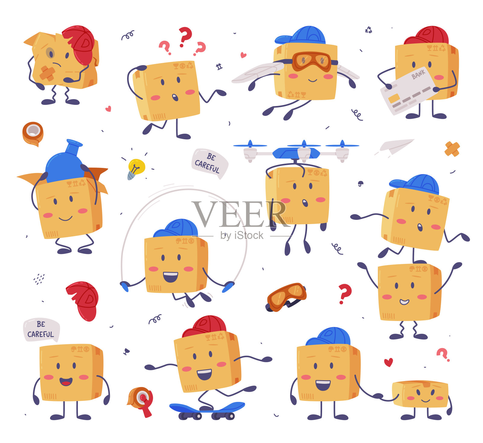 可爱的交付纸板盒字符骑滑板和无人机矢量集携带插画图片素材