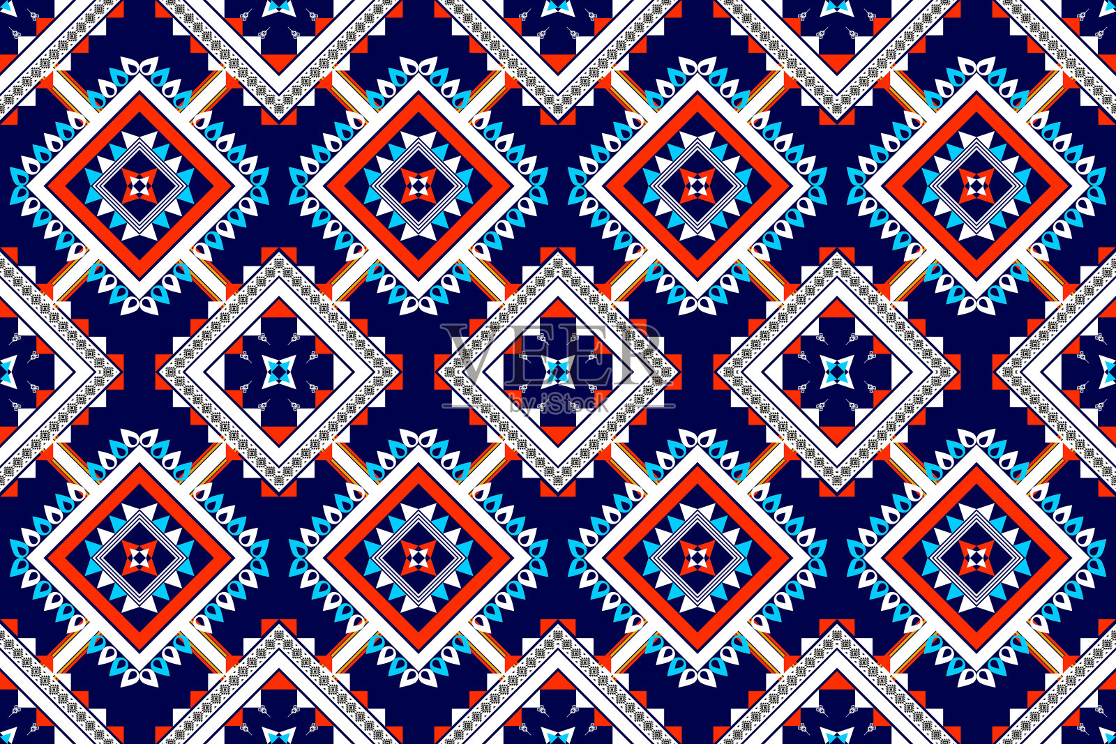 几何民族无缝图案设计。阿兹特克织物地毯曼陀罗点缀波西米亚土著人造花纺织品装饰壁纸。部落土耳其非洲印第安传统刺绣矢量背景插画图片素材