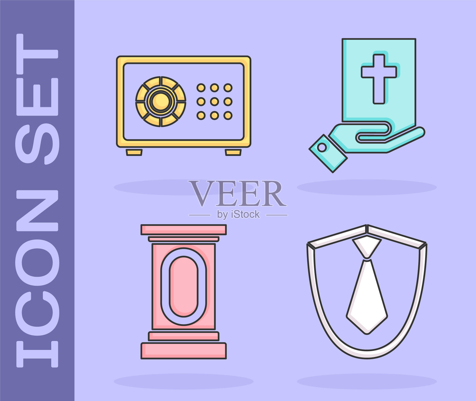 设置领带,安全,舞台站或辩论讲台讲台和誓言上的圣经图标。向量图标素材