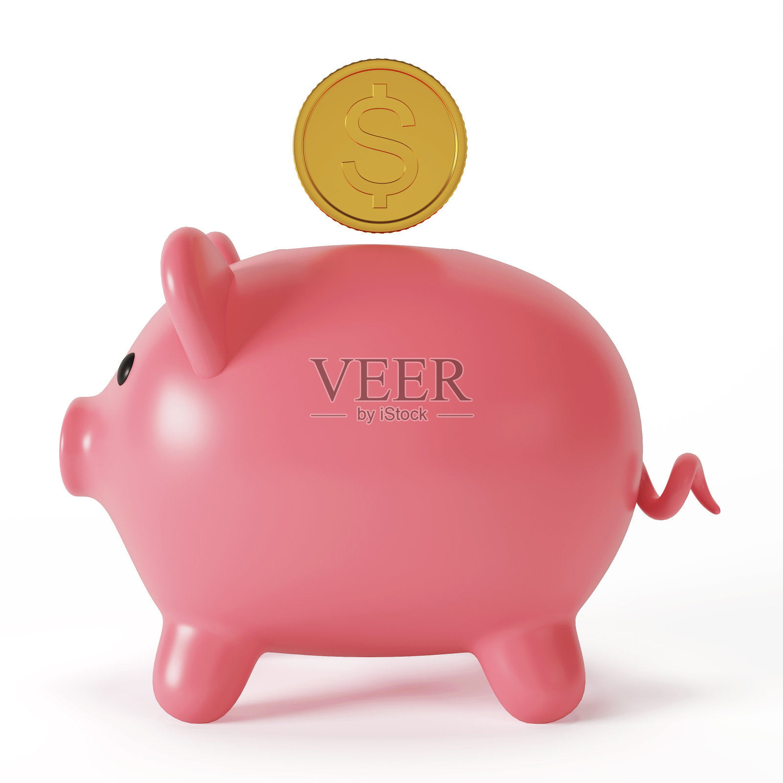 粉红色的存钱罐和一枚金币。存钱,开存款。3 d渲染。照片摄影图片