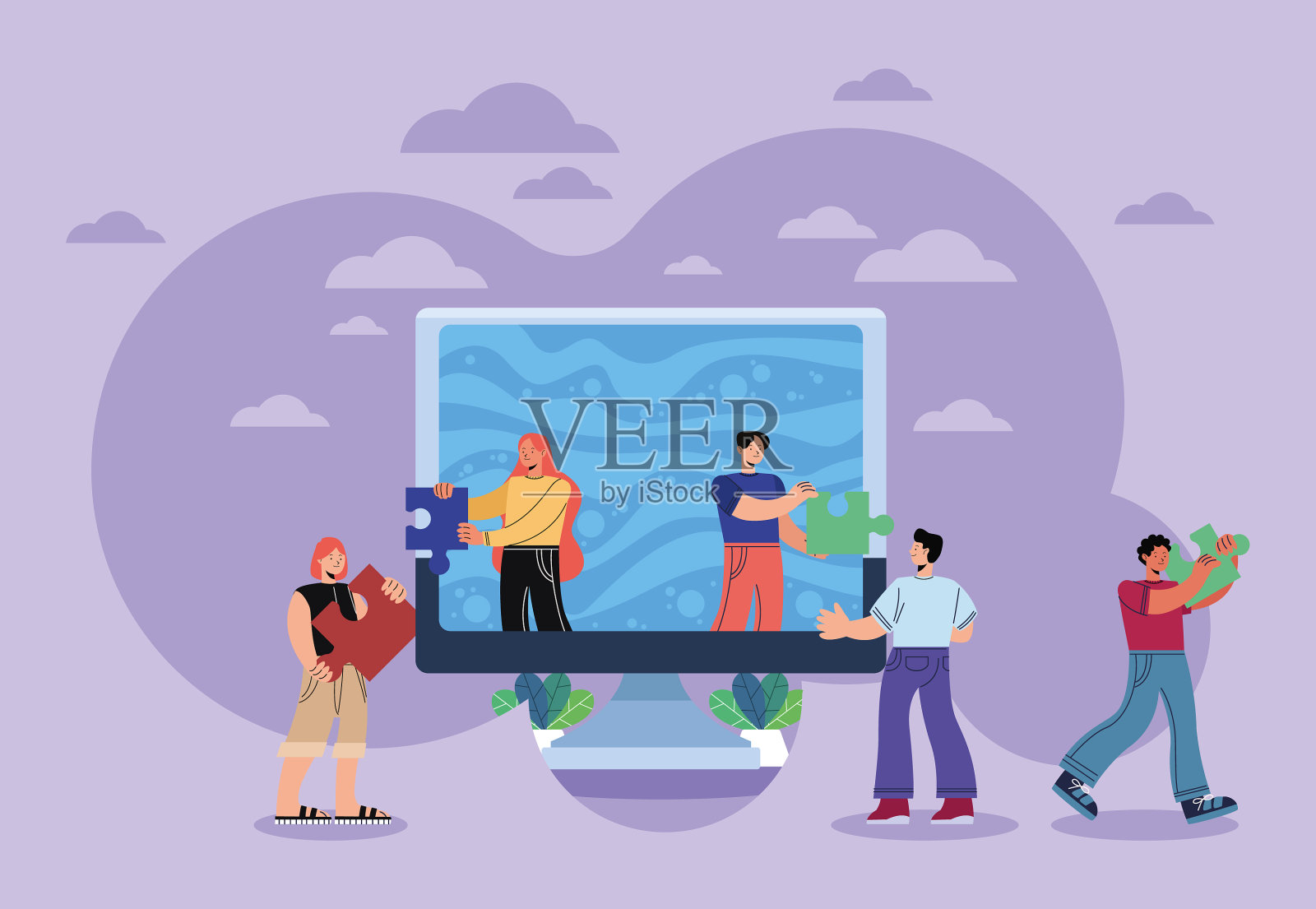 桌面拼图的团队工作者插画图片素材