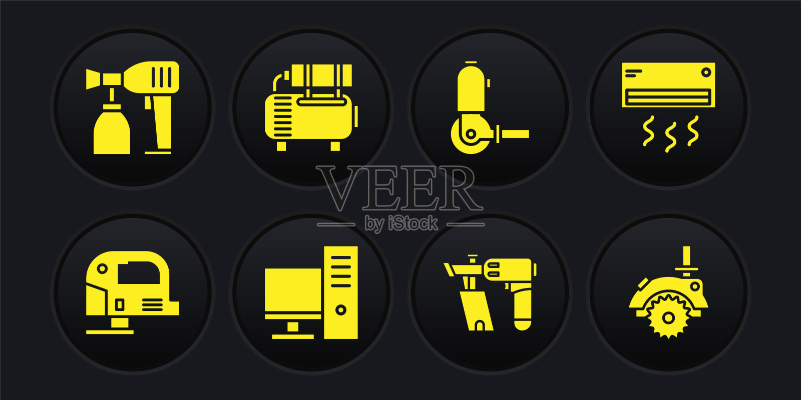可设置电动拼图、空调、电脑显示器、钉枪、角磨机、压缩机图标。向量图标素材