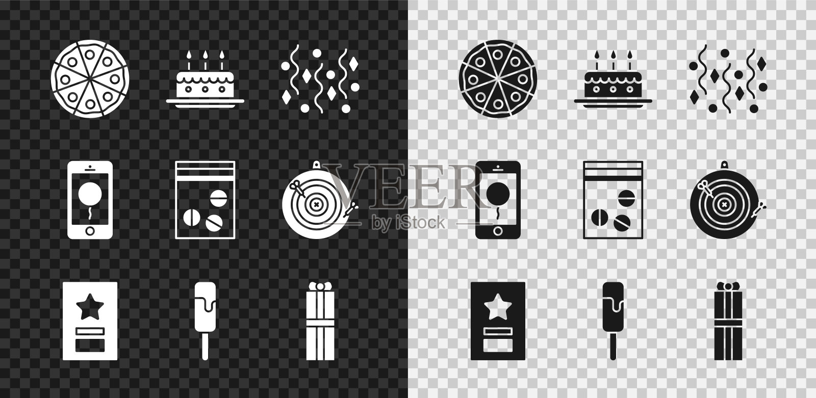 集披萨,蛋糕与燃烧的蜡烛,节日五彩纸屑,贺卡,冰淇淋,礼盒,手机生日信息和塑料袋的药物图标。向量图标素材