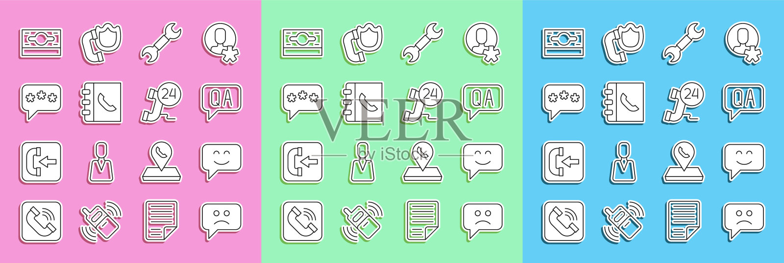 设置线悲伤的微笑,微笑的脸,问题和回答,扳手扳手,电话簿,语音气泡聊天,叠纸钱现金和电话24小时支持图标。向量图标素材