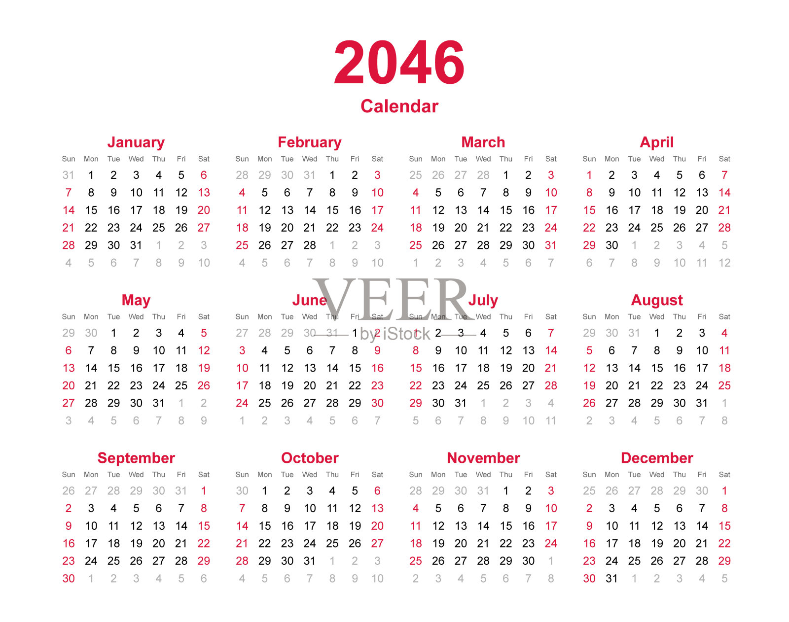 2046年日历。十二个月日历模板。插画图片素材