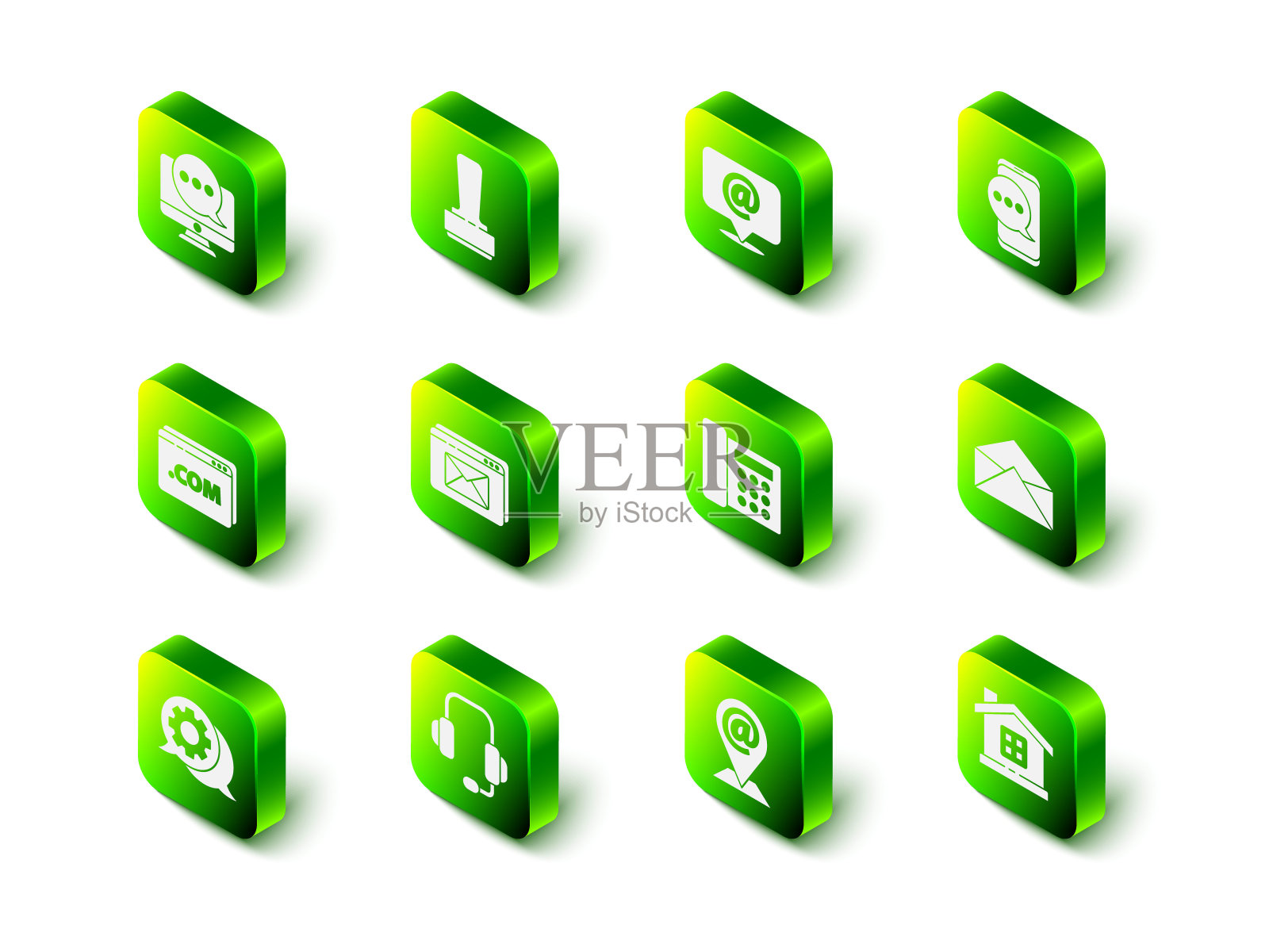 设置邮票,邮件和电子邮件,聊天消息通知电话,信封,房子,电话,位置和耳机图标。向量图标素材