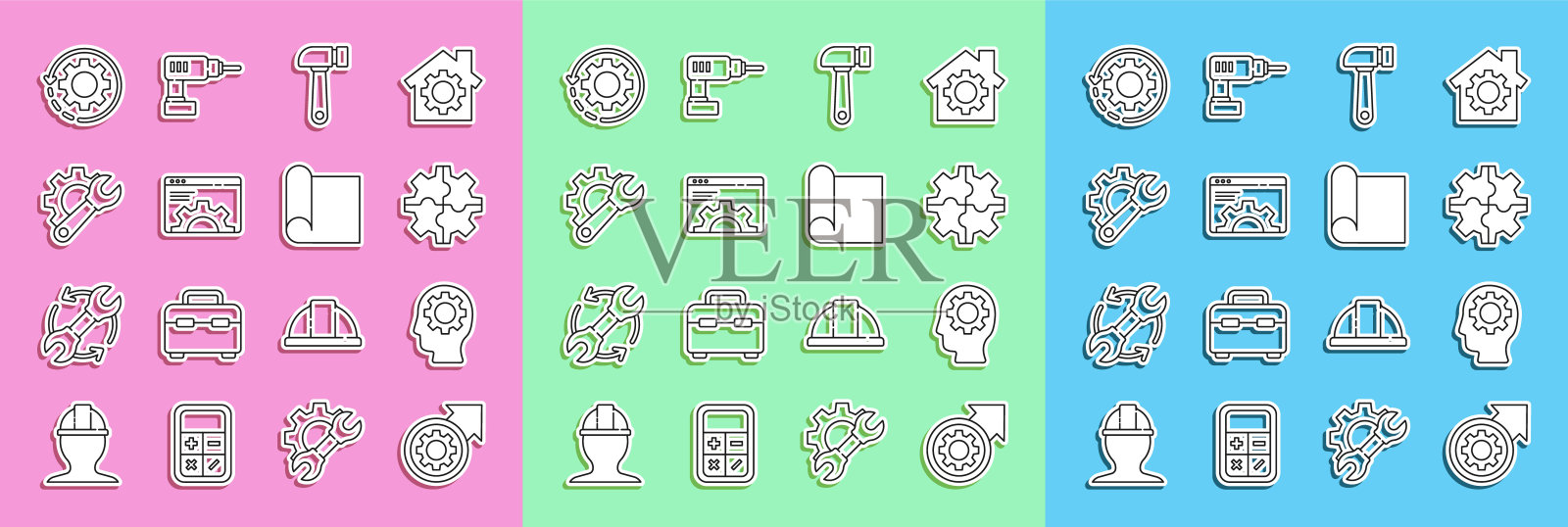 将线齿轮和箭头设置为工作流程,将带齿轮的人头设置为工作流程,将锤子、浏览器设置为工作流程,将扳手设置为工作流程,将图纸设置为工程图标。向量图标素材