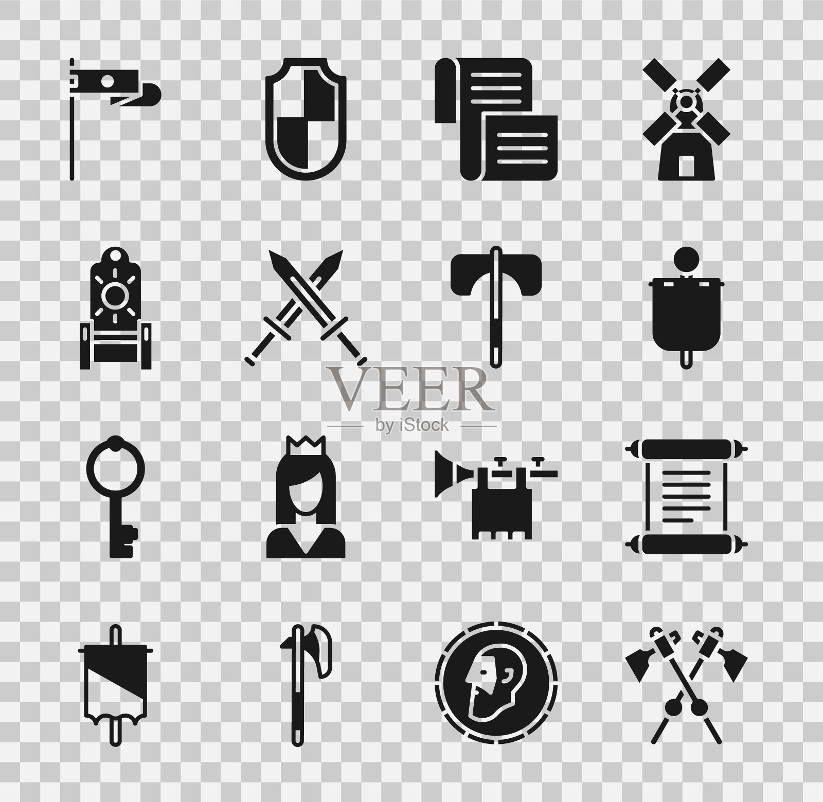 设置交叉的中世纪轴线,法令,羊皮纸,卷轴,中世纪旗帜,剑,王座和图标。向量图标素材