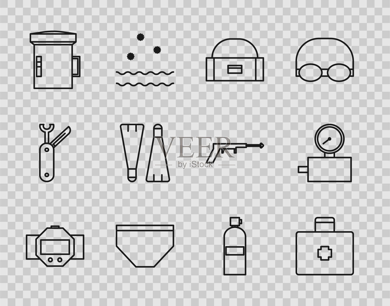 设置线潜水手表,急救箱,箱子或箱子的容器为摆动,游泳短裤,大手电筒潜水员,橡胶鳍状肢游泳,aquung和标尺刻度图标。向量图标素材