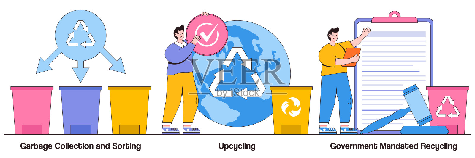 垃圾分类、升级回收、政府强制回收的人性化理念。废物收集与回收问题向量插图集。家居处理,创意再利用隐喻插画图片素材