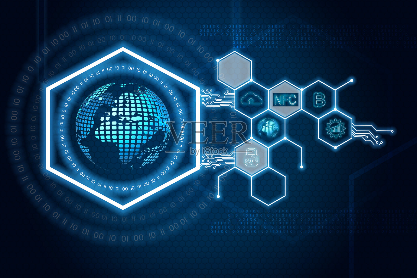 数字六边形全息图与数字商业图标在虚拟屏幕上照片摄影图片