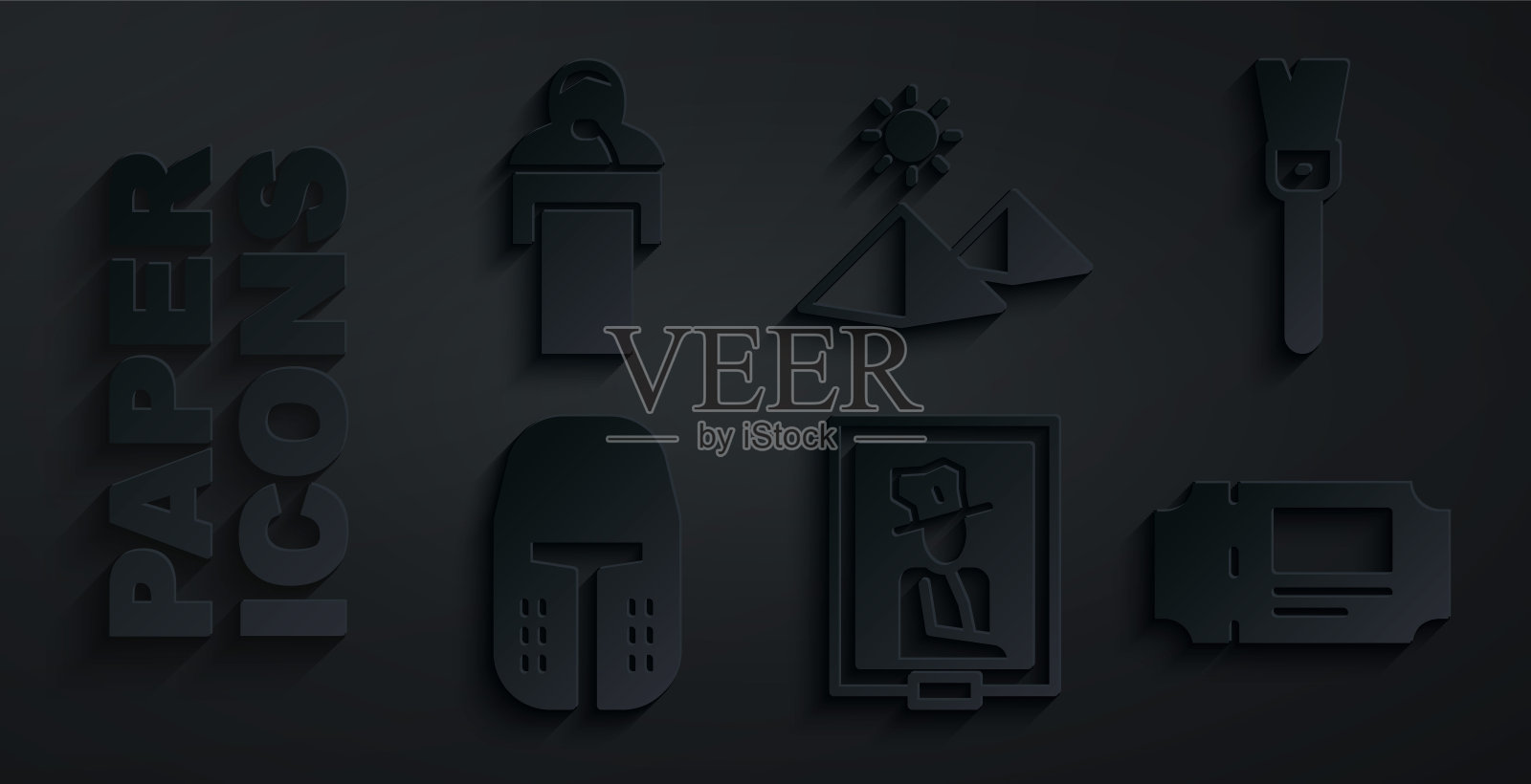 设置博物馆肖像,画笔,中世纪铁头盔,博物馆门票,埃及金字塔和给出演讲图标。向量图标素材