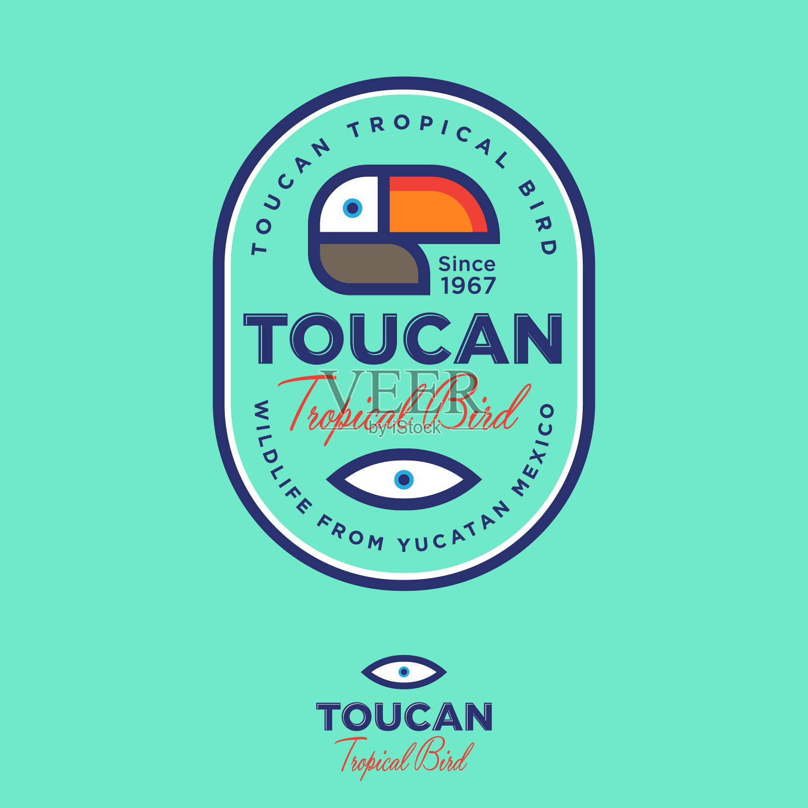 巨嘴鸟图标。热带鸟象征。巨嘴鸟符号内圆形框架与字母和眼睛。插画图片素材