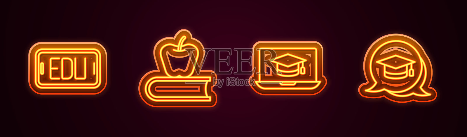 在线教育,苹果书,毕业帽笔记本电脑和语音泡泡。发光的霓虹灯图标。向量插画图片素材