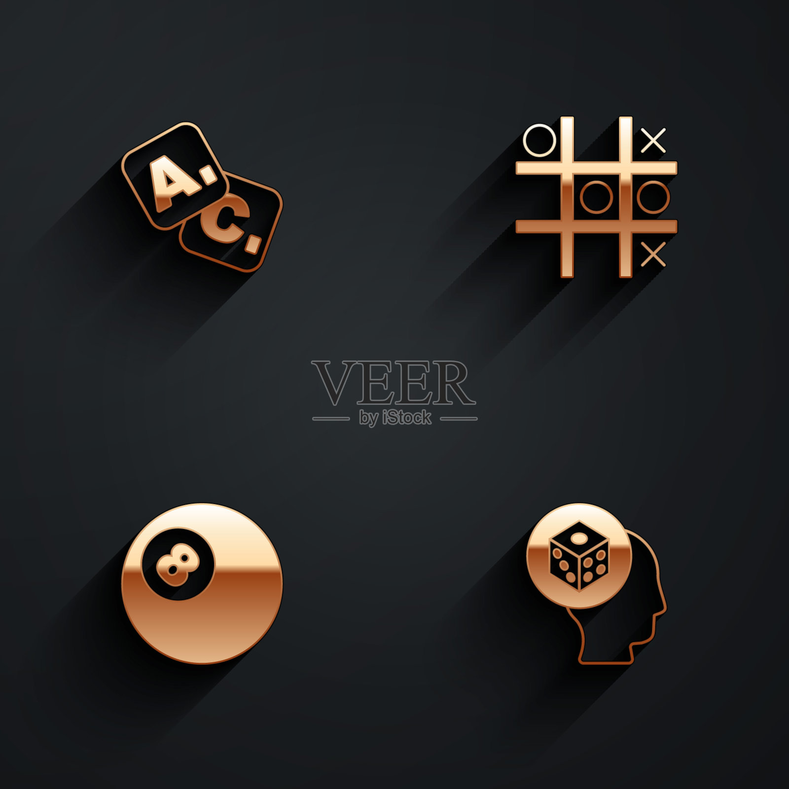 设置宾果,Tic tac toe游戏,台球斯诺克球和游戏骰子图标与长阴影。向量图标素材