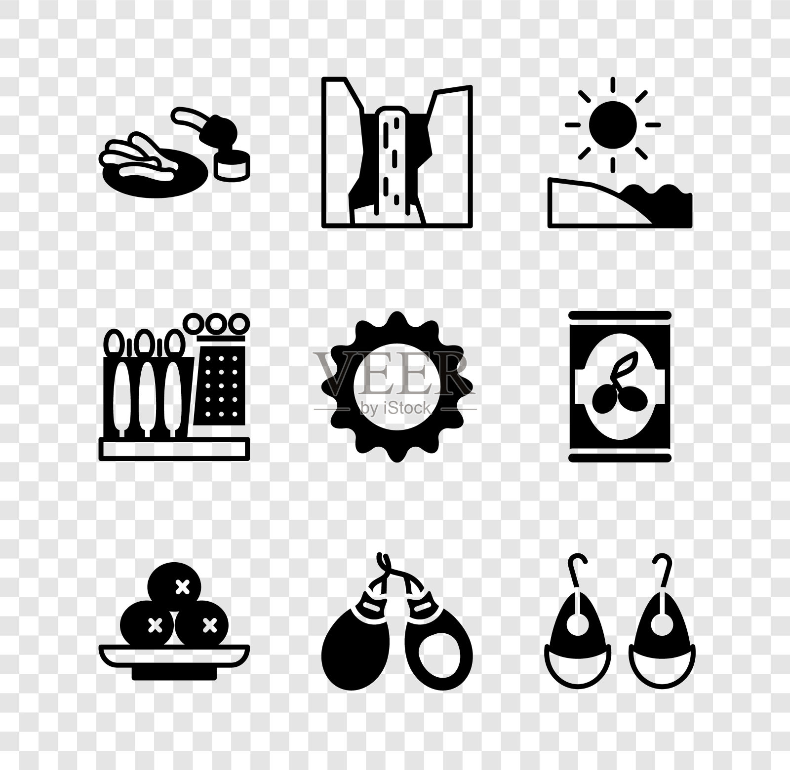 设置Churros和巧克力,Algar瀑布,海滩,橄榄在盘子,Castanets,耳环,大理博物馆和太阳图标。向量图标素材