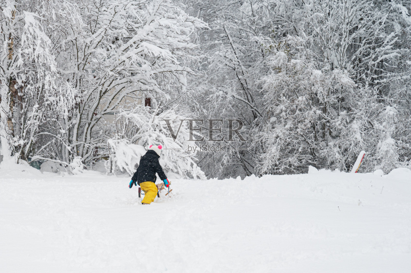 蹒跚学步的小女孩在雪地里玩耍照片摄影图片