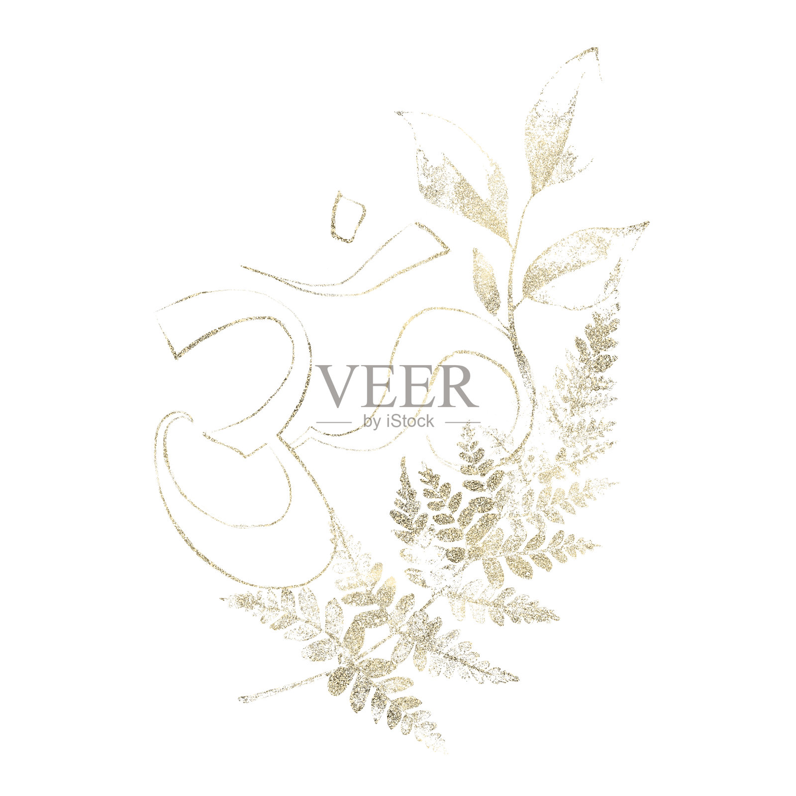 金辉尘埃风格的招牌Om,蕨类的枝叶。插花艺术。插画图片素材