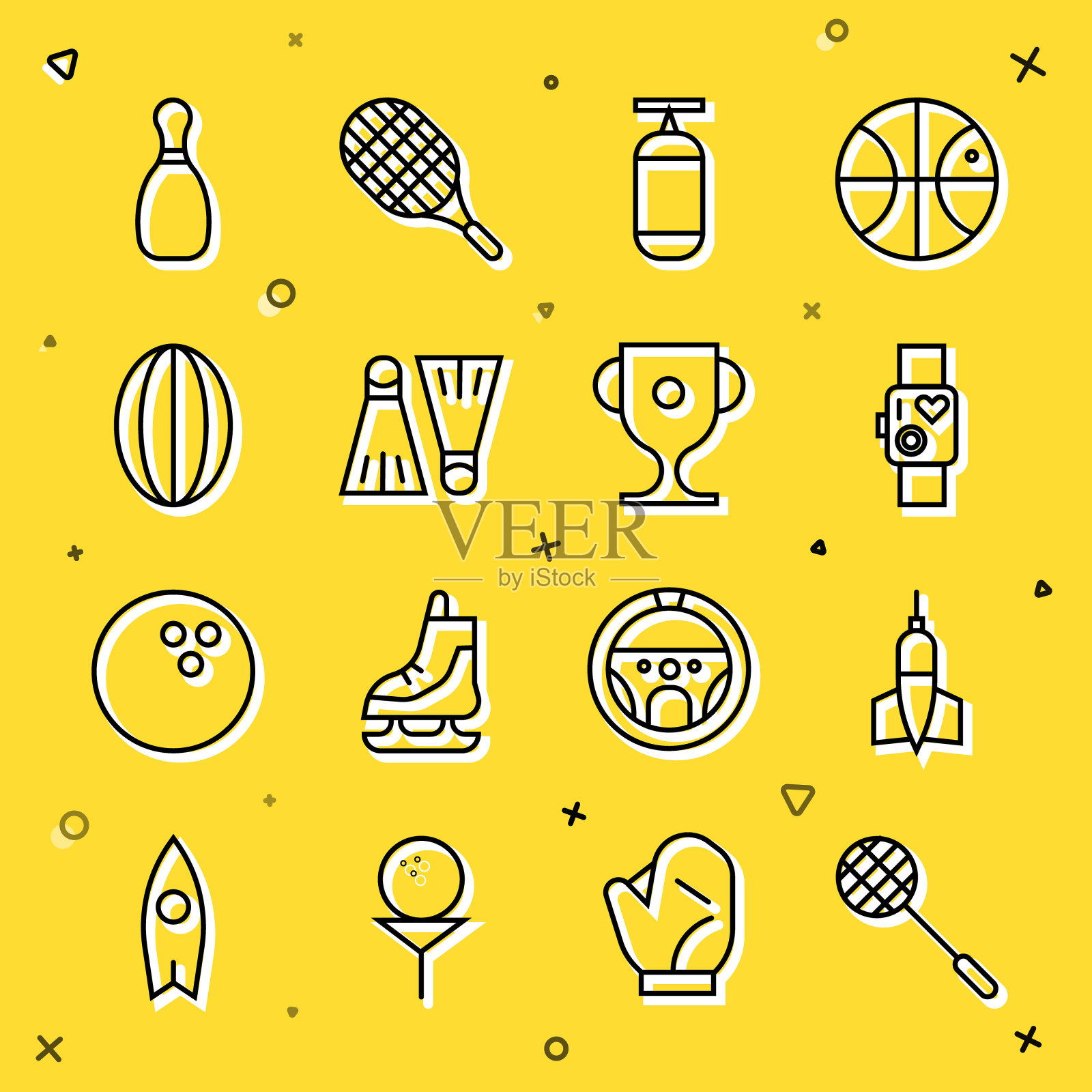 设置线网球拍,飞镖箭,显示心率的智能手表,出气袋,游泳橡胶脚蹼,橄榄球,保龄球瓶和奖杯图标。向量插画图片素材