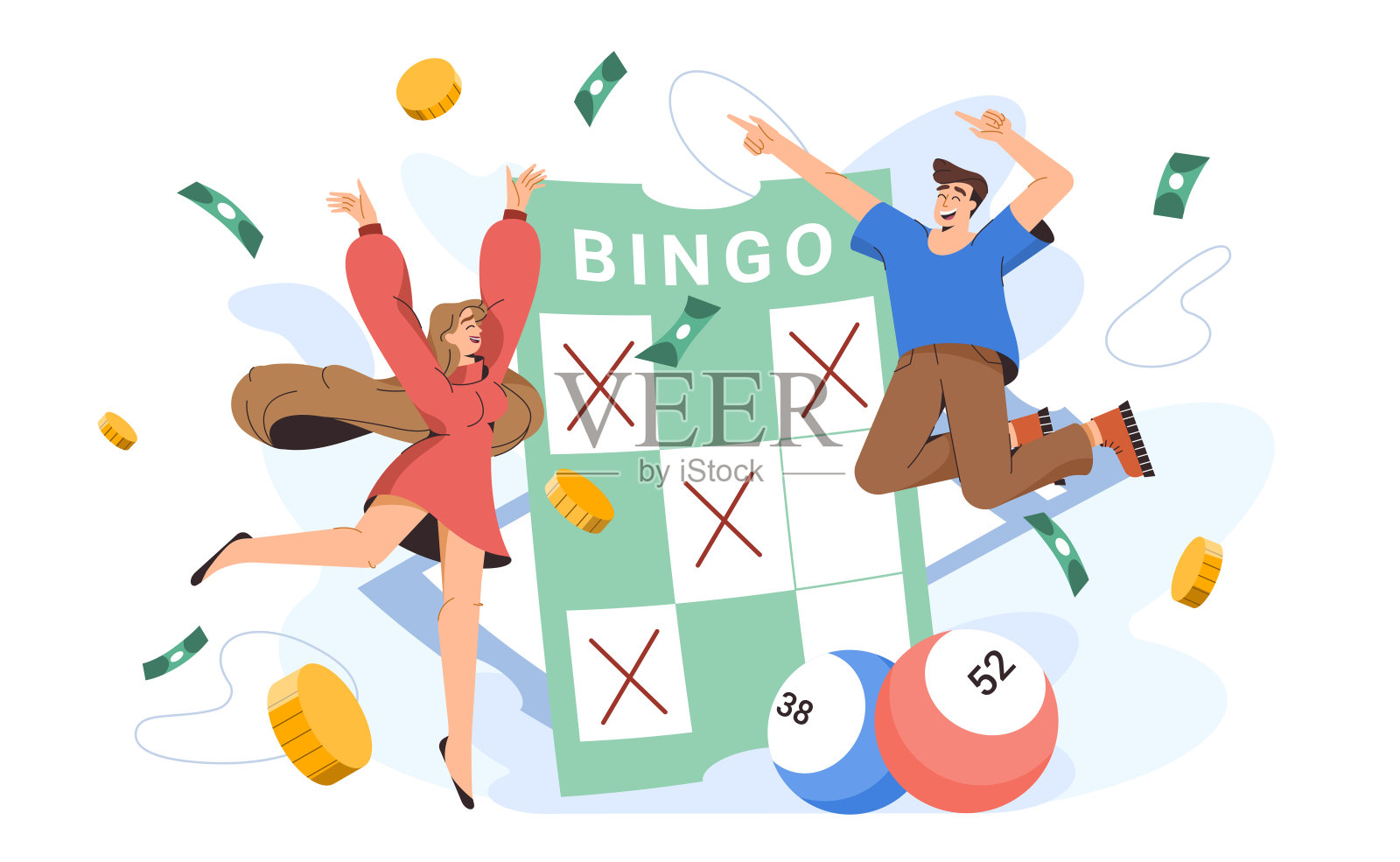 快乐平的人用中奖的彩票赌博游戏插画图片素材