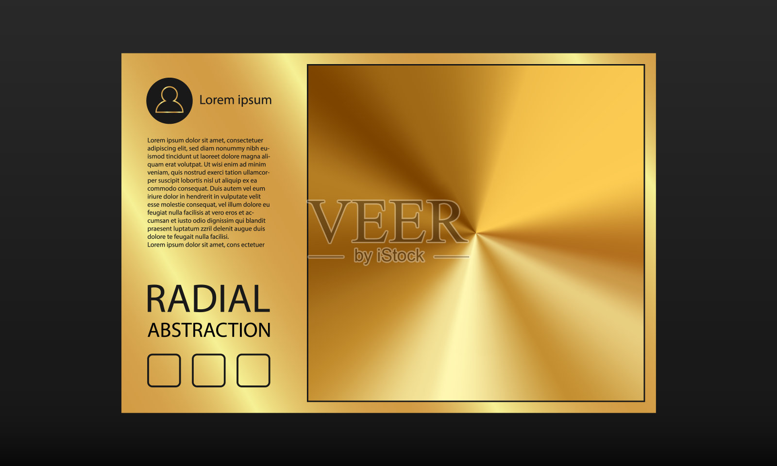 金色横幅模板与金色径向梯度背景。向量金属径向梯度背景在金框架与文本模板的社会岗位设计。插画图片素材